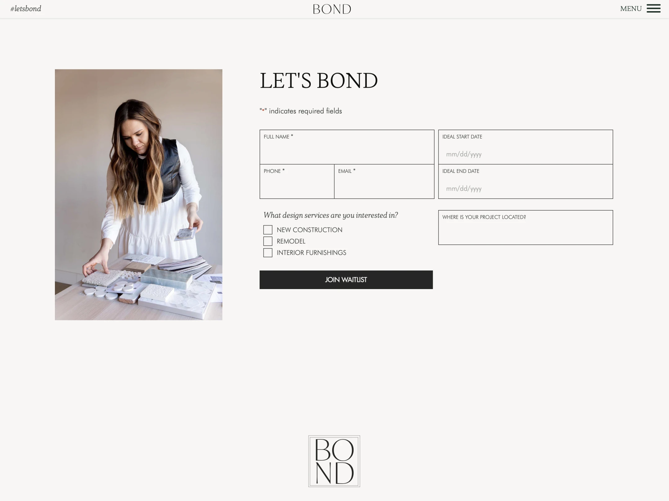 Bond Design website view interior contact page