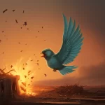 Image of blue bird near an exploding box in an distopian setting