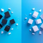 A group of black cubes and triangles and a group of white cubes and triangles representing Squarespace vs WordPress.