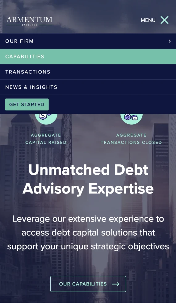 mobile menu design, Armentum Partners