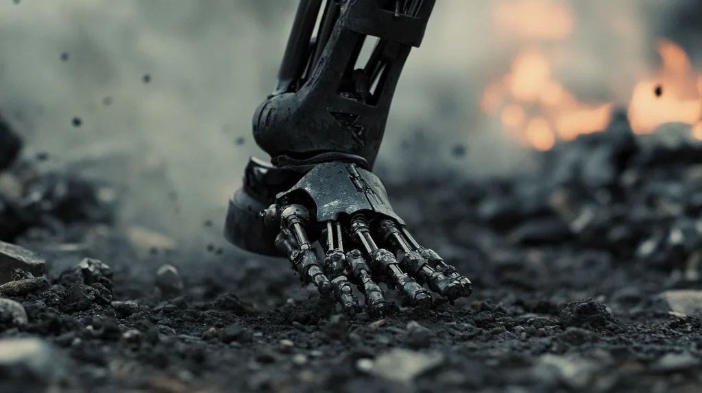 Robot foot in dystopian setting. AI-generated image.