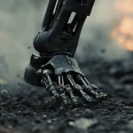 Robot foot in dystopian setting. AI-generated image.