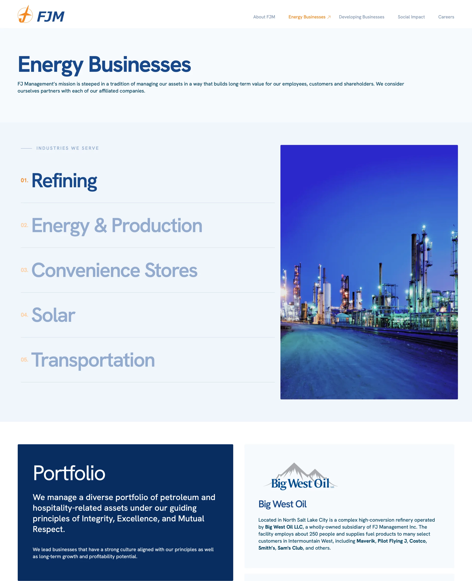 FJ Management Energy Business page - desktop