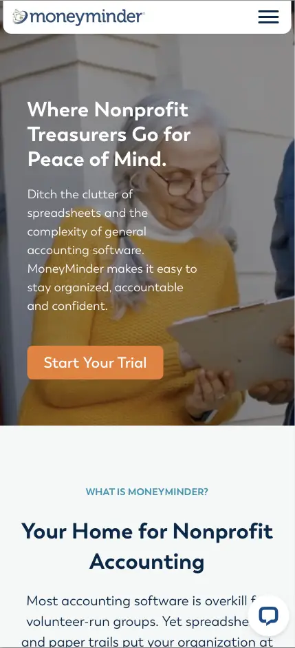 mm-home Moneyminder mobile home page view. Still shot off a video of a woman signing a petition