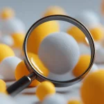 Abstract, AI generated image representing SEO optimization. A magnifying glass lookiging closely at one of many white and yellow fuzzy balls. Makes no sense really.