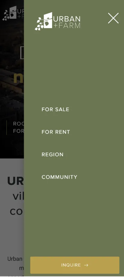 Urban Farm home page mobile nav view