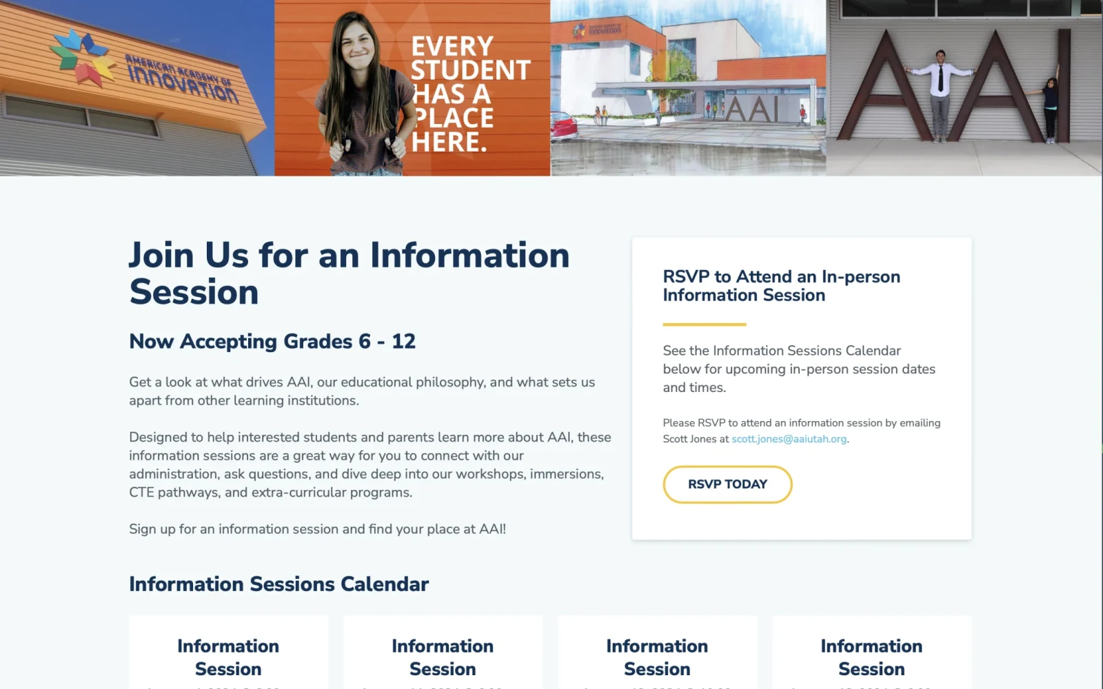 American Academy of Innovation website — interior page, tablet view