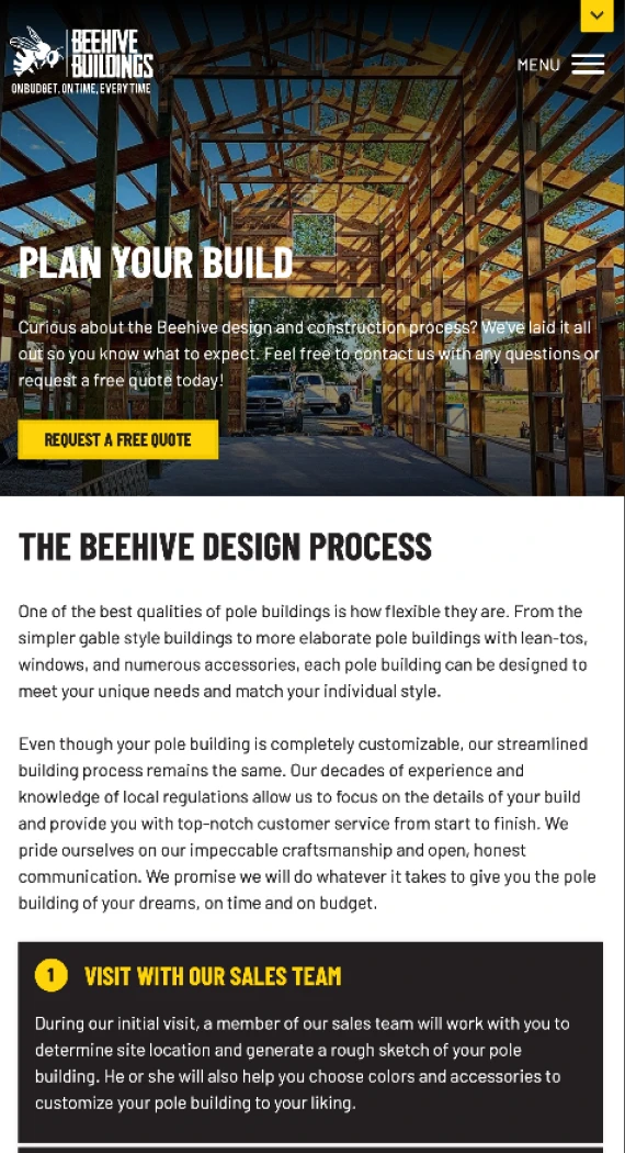 Beehive Buildings website — interior page, mobile view