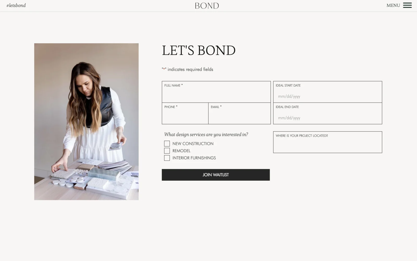Bond Design Company website — Contact page, desktop view