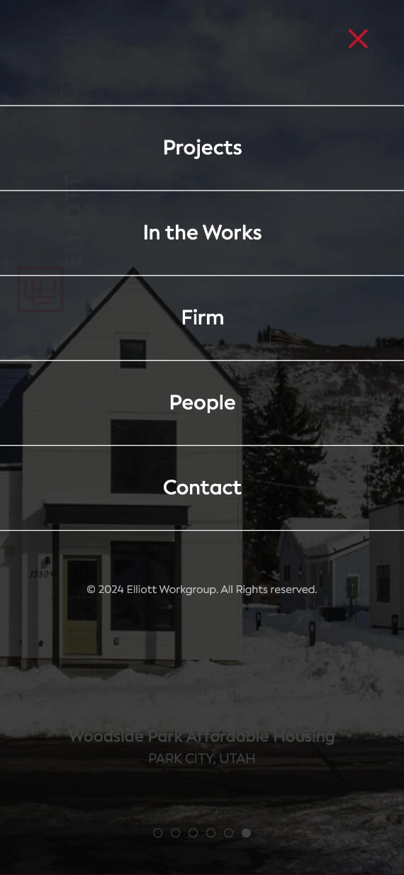 Elliott Workgroup website — mobile menu open