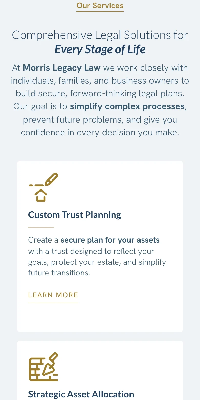 Morris Legacy Law website — mobile view
