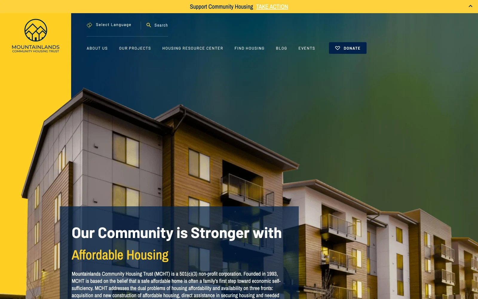 Mountainlands Community Housing Trust website homepage — desktop view