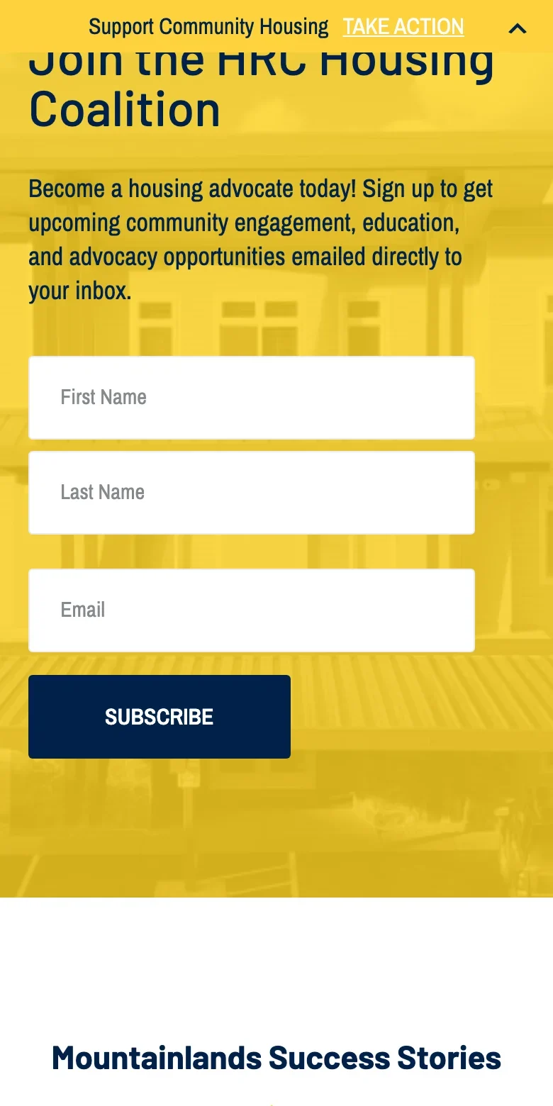 Mountainlands Community Housing Trust website — mobile view