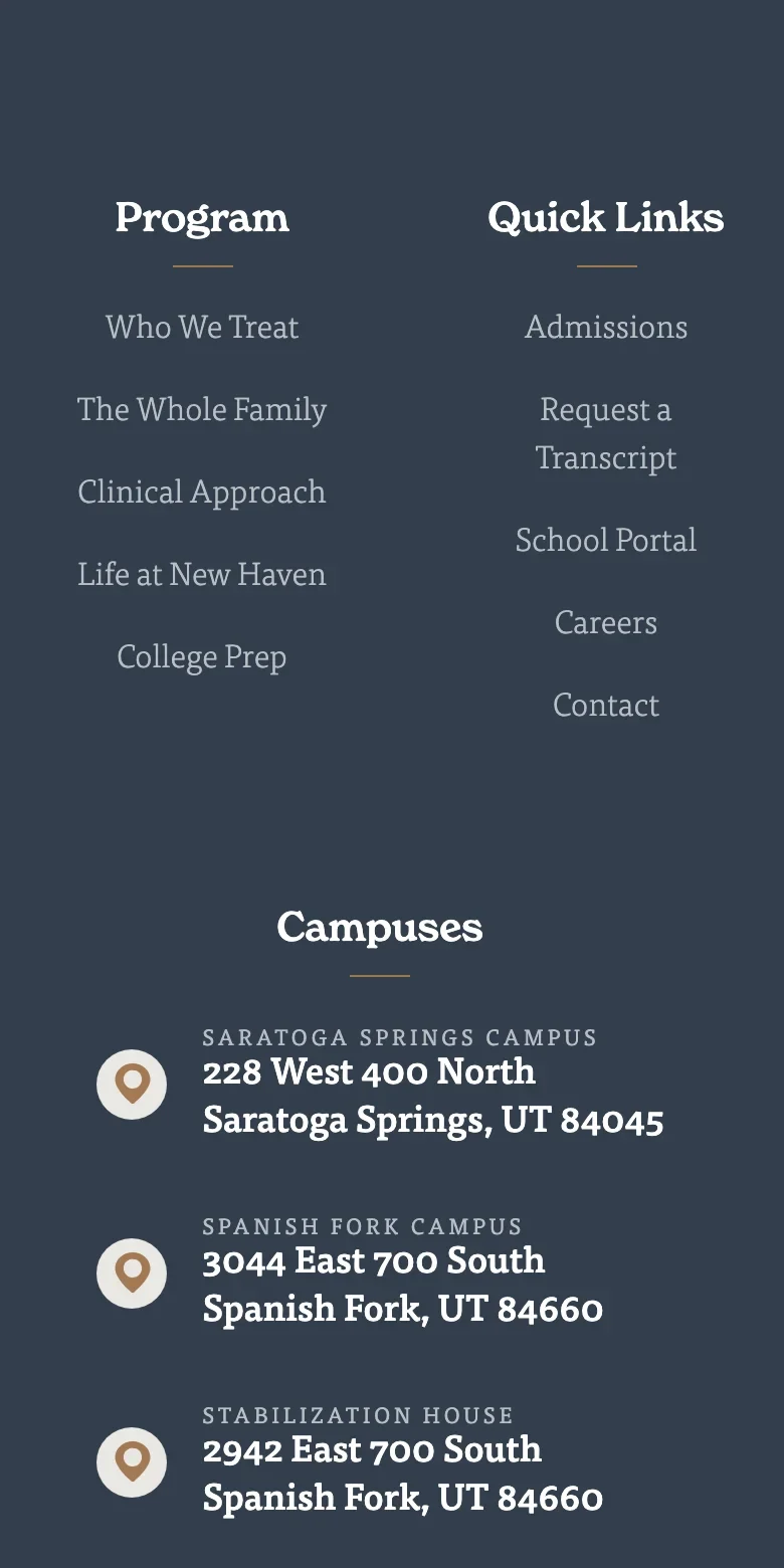New Haven website — mobile view
