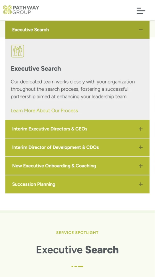 Pathway Group website — Executive Search page, mobile view