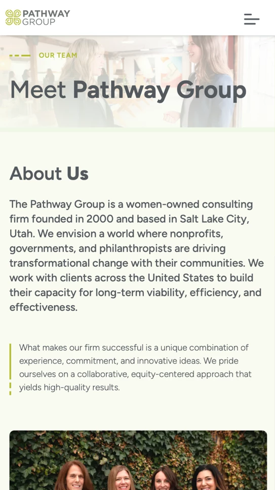 Pathway Group website — About page, mobile view