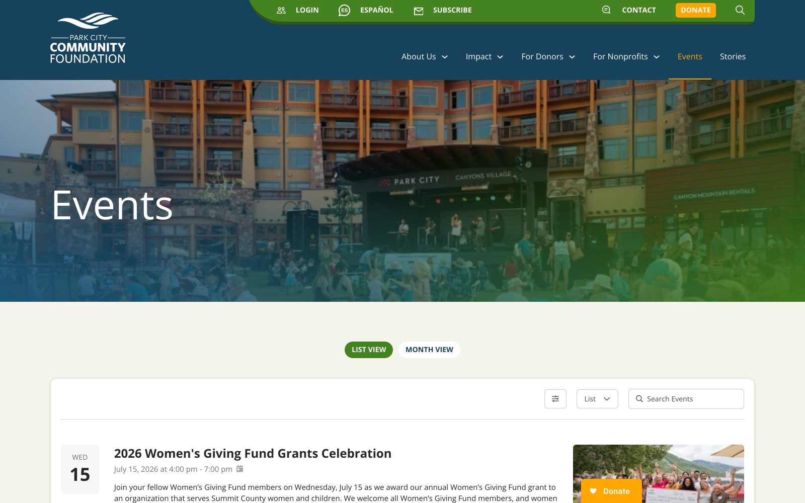 Park City Community Foundation website — Events page