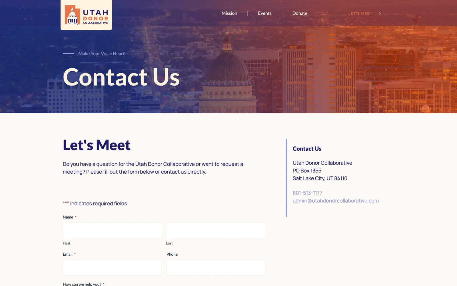 Utah Donor Collective website — Contact page